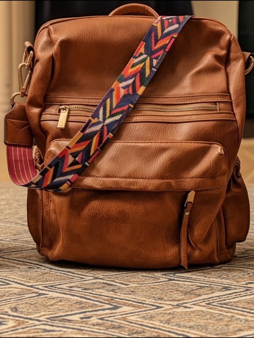 Women's Tan Leather Backpack with Colorful Strap